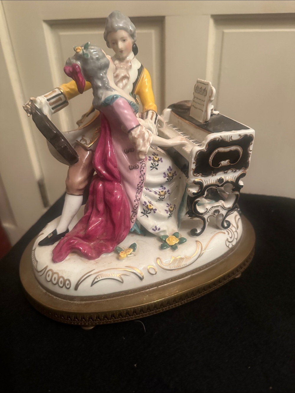 Porcelain Rococo Couple Figurine in Pink, Yellow, and White